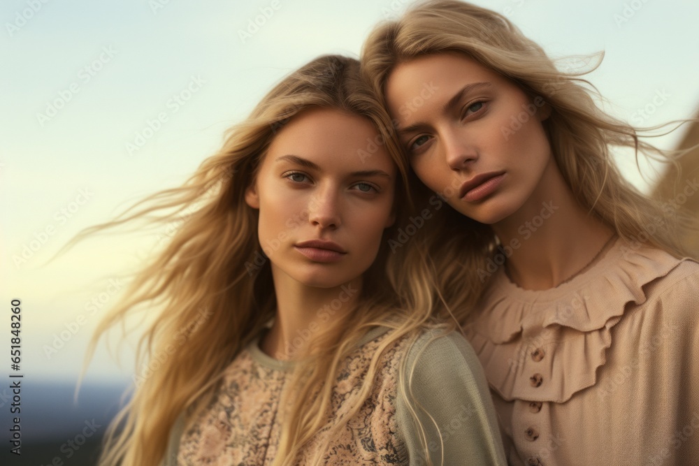 Two beautiful ladies pose for a loving portrait, embracing the fall season with fashionable clothing and golden hair against the vivid autumn sky