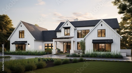 A Brand New White Contemporary Farmhouse with a Dark Shingled Roof and Black Windows © Creative Station