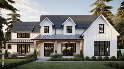 A Brand New White Contemporary Farmhouse with a Dark Shingled Roof and Black Windows
