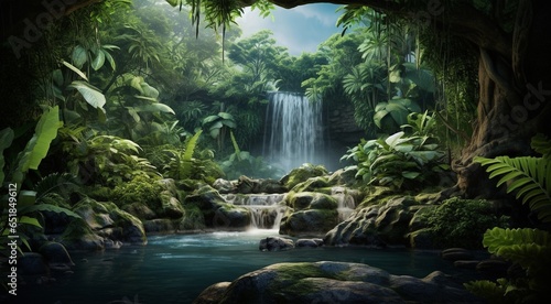 waterfall in forest, waterfall in the jungle, tropical landscape in the jungle, plants and green trees in the jungle, waterfall with lake in the forest