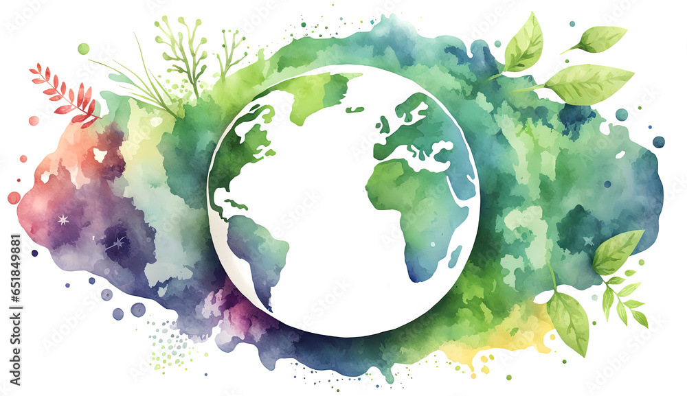 green planet earth in watercolor style - obrazy, fototapety, plakaty 