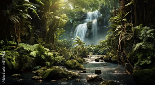 waterfall in forest, waterfall in the jungle, tropical landscape in the jungle, plants and green trees in the jungle, waterfall with lake in the forest © Gegham