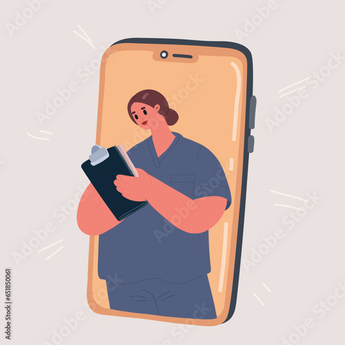 Vector illustration of Online doctor and medical concept health call. Patient gets medical care via video and telephone call, online health check. Nurse on display