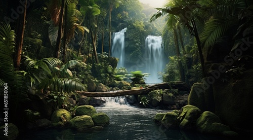 waterfall in forest  waterfall in the jungle  tropical landscape in the jungle  plants and green trees in the jungle  waterfall with lake in the forest