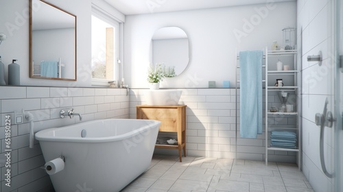 Interior of modern luxury scandi bathroom with window and white walls. Free standing bathtub  wash basin on wooden countertop  wall mirrors. Contemporary home design. 3D rendering.