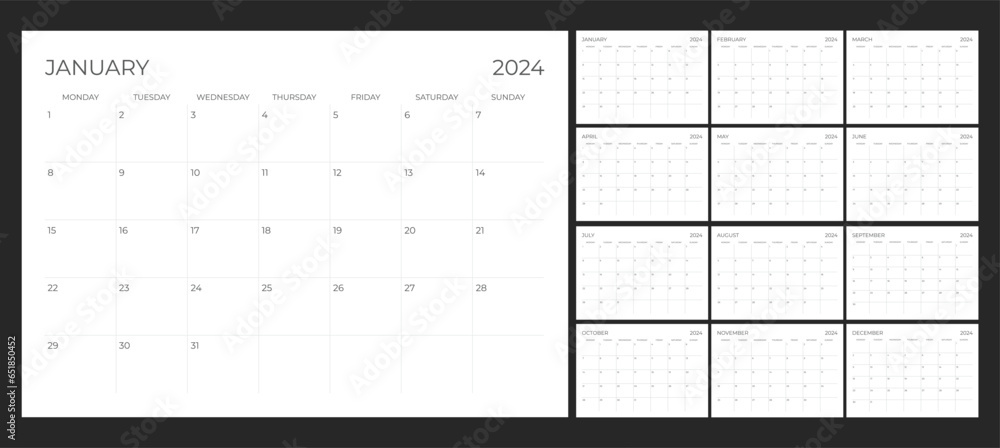 2024 Calendar Printable start from monday - obrazy, fototapety, plakaty 