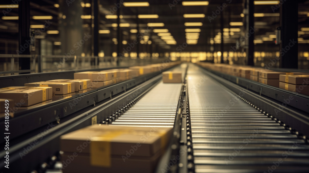 Large modern distribution warehouse with cardboard boxes on distribution belt. AI Generated Large modern distribution warehouse with cardboard boxes on distribution belt. AI Generated