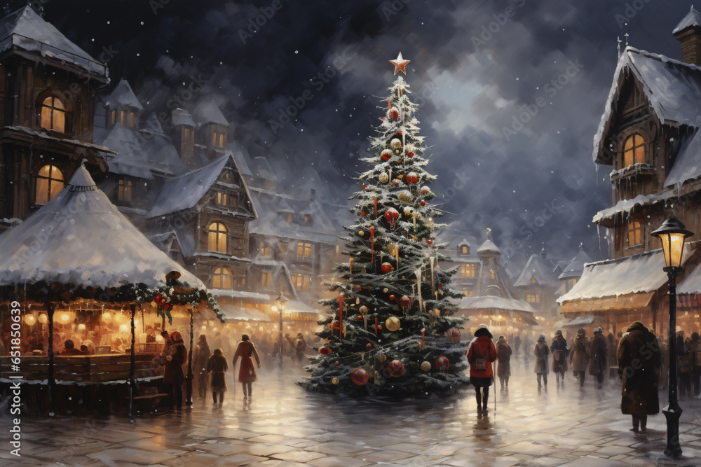 Obraz premium A Christmas tree in the middle of a Christmas market in a snowy city. digital AI