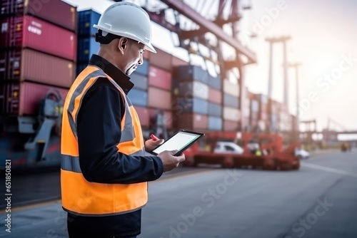 Portrait of a Caucasian industrial engineer in white hard hat and working on tablet PC. Foreman or Supervisor in container terminal.
