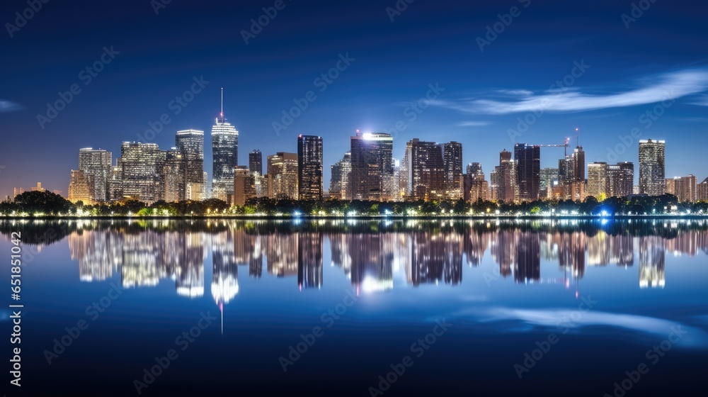 City Skyline Reflecting in Lake