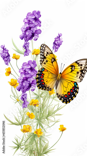 Vibrant butterfly perched on yellow, purple flower on a white background.