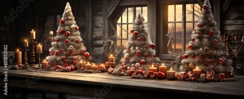 Christmas and New Year interior decoration. Green tree decorated with toys, gifts, present boxes, flashing garland, illuminated lamps. Fireplace and xmas tree. Cozy Christmas atmosphere. © Juan