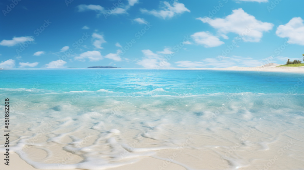 A beautiful beach scene with white sand and clear blue water
