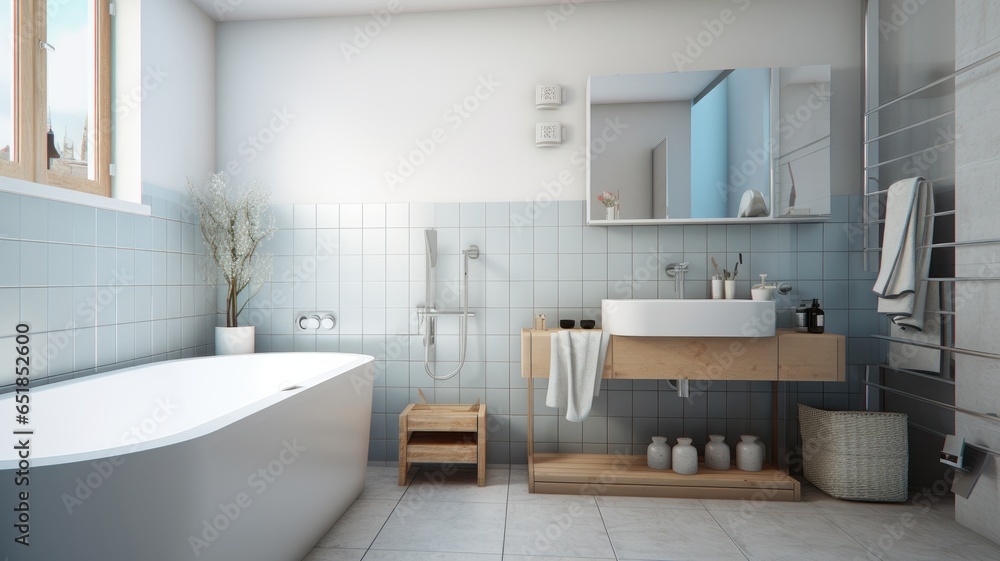 Interior of modern luxury scandi bathroom with window and white walls. Free standing bathtub, wash basin on wooden countertop, rectangular wall mirror. Contemporary home design. 3D rendering. Interior of modern luxury scandi bathroom with window and white walls. Free standing bathtub, wash basin on wooden countertop, rectangular wall mirror. Contemporary home design. 3D rendering.