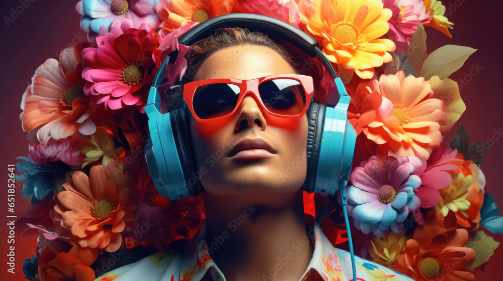 colorful hippie man with earphones, sunglasses and flower in his hair