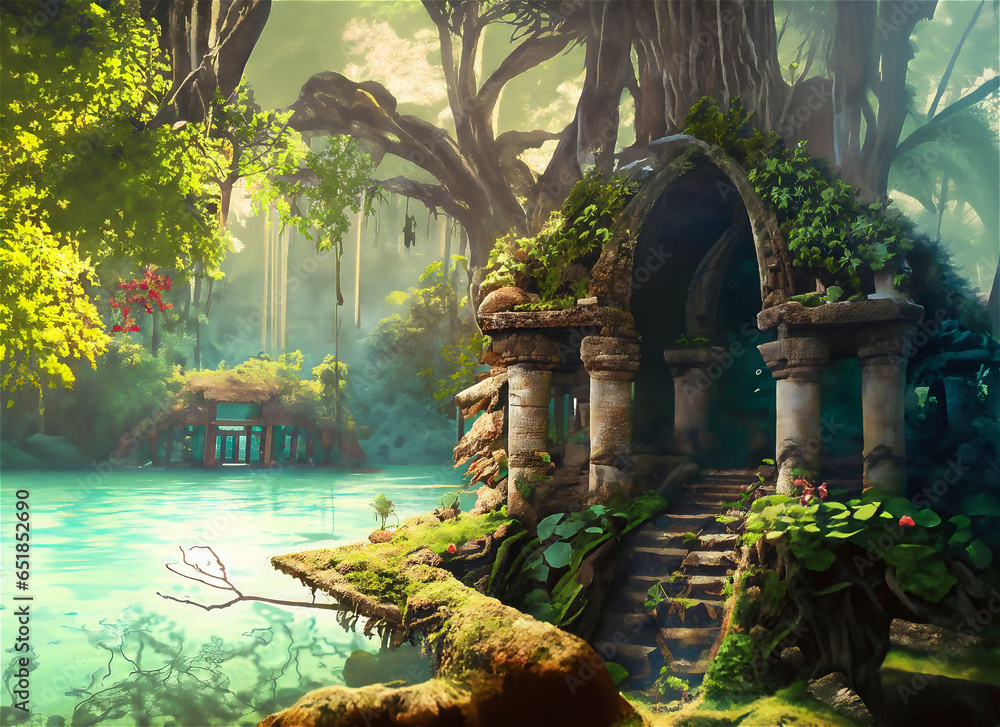 Obraz premium Forest Mayan style ancient culture. Mayan civilization forest cave. Concept art illustration painting of a beautiful ancient temple in the jungle.