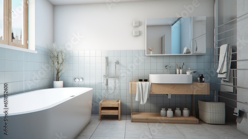 Interior of modern luxury scandi bathroom with window and white walls. Free standing bathtub  wash basin on wooden countertop  rectangular wall mirror. Contemporary home design. 3D rendering.