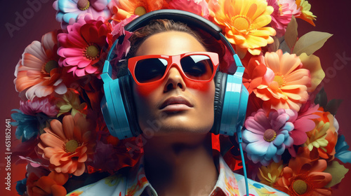 colorful hippie man with earphones, sunglasses and flower in his hair