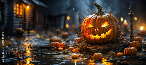 Halloween scene, a pumpkin head laughing evil, with lots of pumpkins around, horror, scary