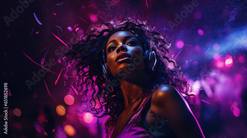 black african young woman in a night club with purple light