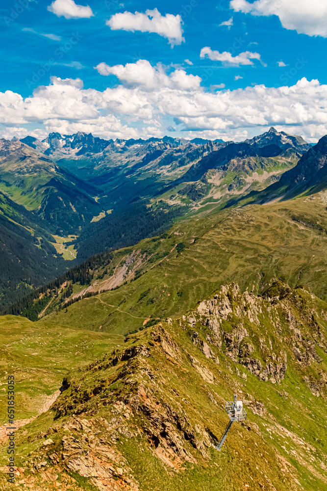 Alpine summer view at Mount Kreuzjoch, Schruns, Bludenz, Montafon, Vorarlberg, Austria