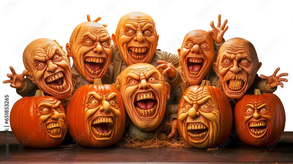 This transparent image captures an assembly of intricately carved pumpkins, each showcasing unique horror. One reveals a monstrous mouth, while another mimics a sardonic statue. Generative AI