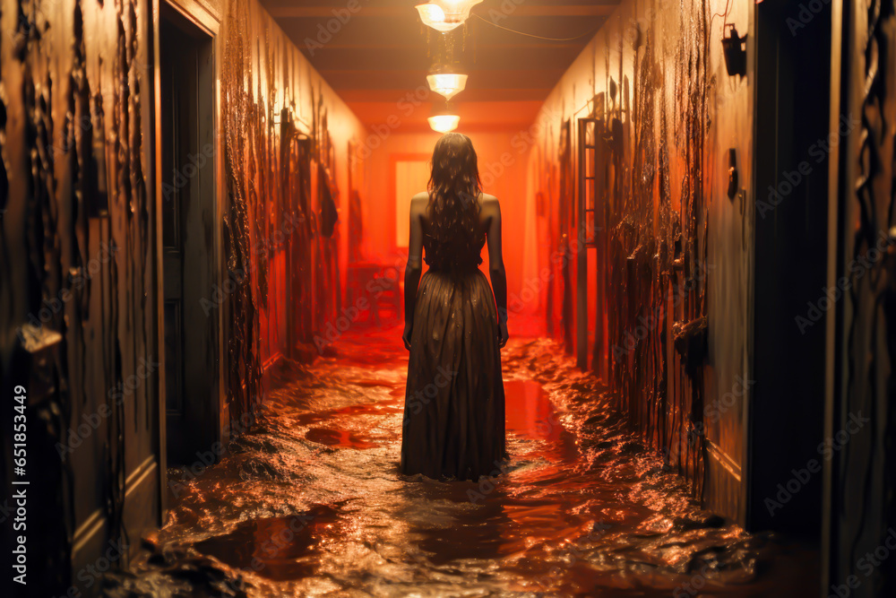 Halloween scene, a woman with her back turned is in a hallway, the walls are cracked and broken, the floor is full of water, red style, horror, scary.