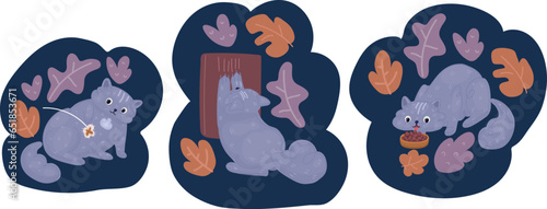 Cartoon vector illustration of Cat wearing veterinary collar. paw slow feeder ball with dry food inside, trying to take out a crunch. Playful kitty having fun with a challenging toy.