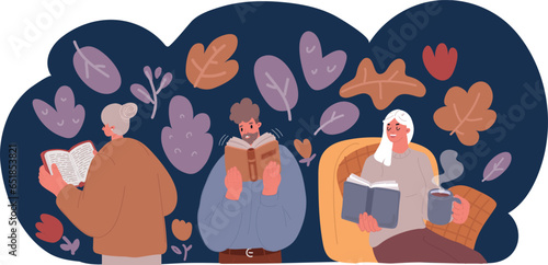 Cartoon vector illustration of Collection of people reading or students studying and preparing for examination. Set of book lovers, readers, modern literature fans