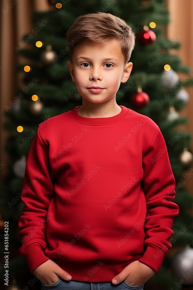 Happy boy kid a red mock-up crew neck sweatshirt , Christmas sweater Mockup with Christmas decorations background Happy boy kid a red mock-up crew neck sweatshirt , Christmas sweater Mockup with Christmas decorations background