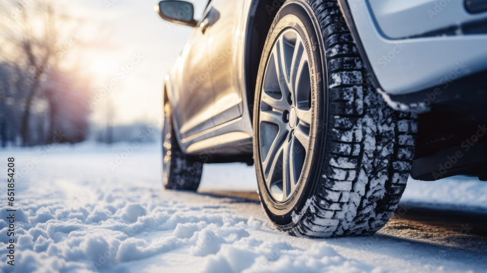 Winter tire with detail of car tires in winter snowy season on the road covered with snow and morning sun light - obrazy, fototapety, plakaty 