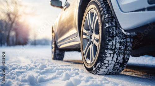 Winter tire with detail of car tires in winter snowy season on the road covered with snow and morning sun light