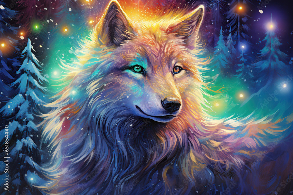 beautiful glowing wolf in a winter fantasy forest with snowflakes, colorful art