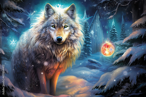 wolf in the snow at night with a glowing christmas light, beautiful art © Dianne