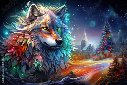 beautiful christmas card with a colorful wolf and christmas tree in a snowy winter scene