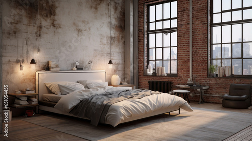 A bedroom with a platform bed, industrial-style exposed pipes, a brick accent wall, and Edison bulb pendant lights © Textures & Patterns