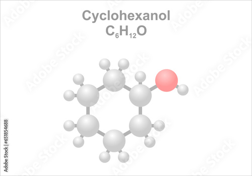 Cyclohexanol. Simplified scheme of the molecule. Use as solvent in laboratories.