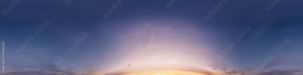 Sunset sky panorama with golden pink Cirrus clouds. Seamless hdr spherical 360 panorama. Sky dome in 3D visualization, sky replacement for aerial drone 360 panoramas. Weather and climate change