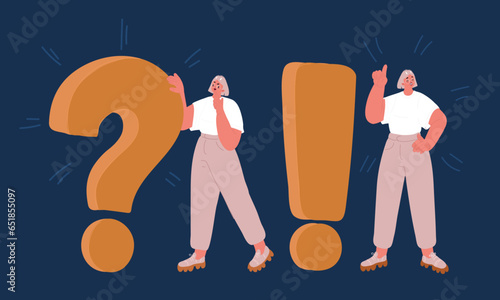 Cartoon vector illustration of woman stand near Exclamations and Question Marks. Woman and Man Ask Questions and receive Answers. Online Support center.