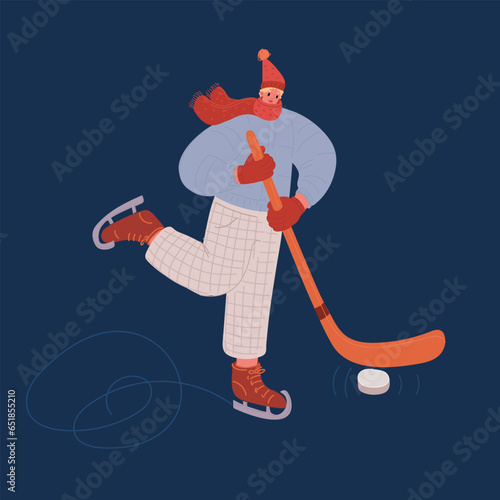 Cartoon vector illustration of handsome hokey player playing hockey. Winter concept