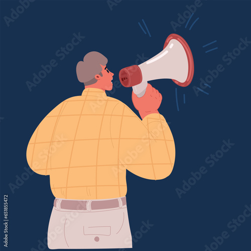 Cartoon vector illustration of Union Activist Worker with Bullhorn Megaphone Loudspeaker Viewed from Rear