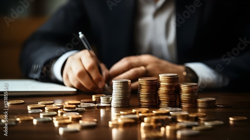 accountant calculating income with coins by credit card, in the style of bokeh, leica cl, solapunk, abstract,trace monotone, classicist, group material photo