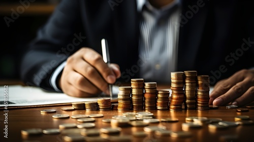 accountant calculating income with coins by credit card, in the style of bokeh, leica cl, solapunk, abstract,trace monotone, classicist, group material photo