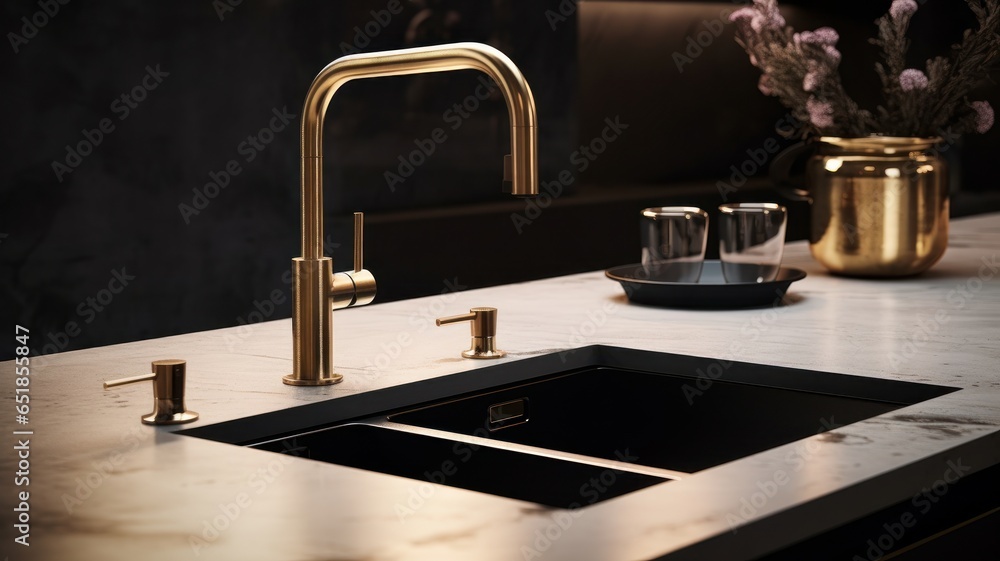 Fragment of a modern luxury kitchen. Marble countertop with double built-in sink, gold faucet, black backsplash, decorative vases. Close-up. Contemporary interior design. 3D rendering. Fragment of a modern luxury kitchen. Marble countertop with double built-in sink, gold faucet, black backsplash, decorative vases. Close-up. Contemporary interior design. 3D rendering.