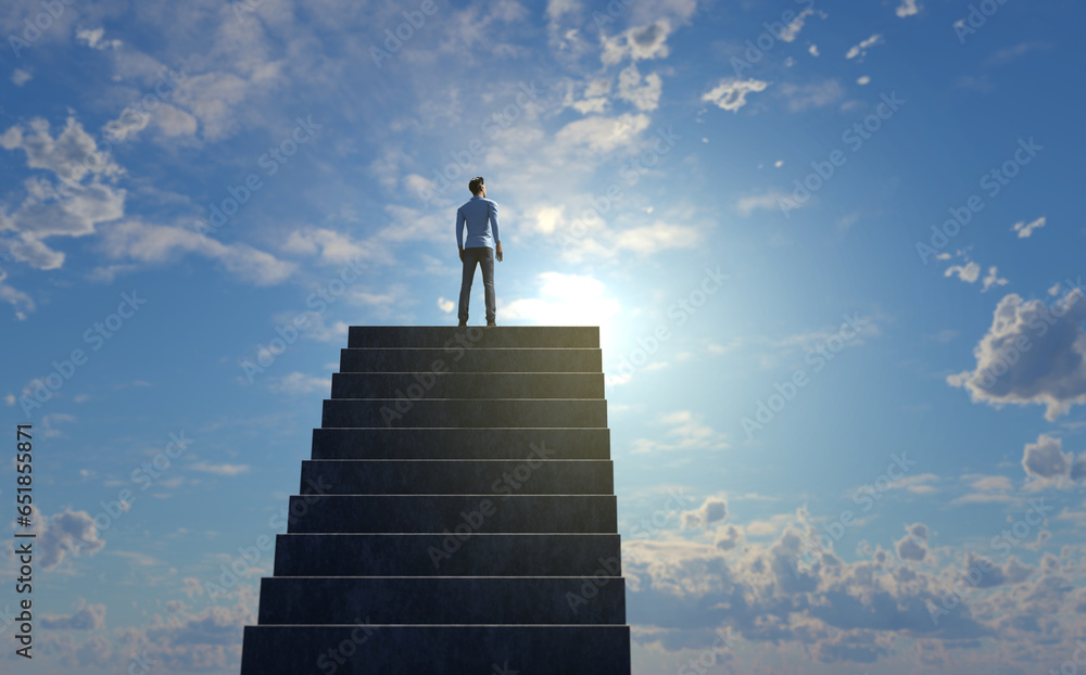 Successful businessman climbing up the stairs to the sky. Ladder of ...