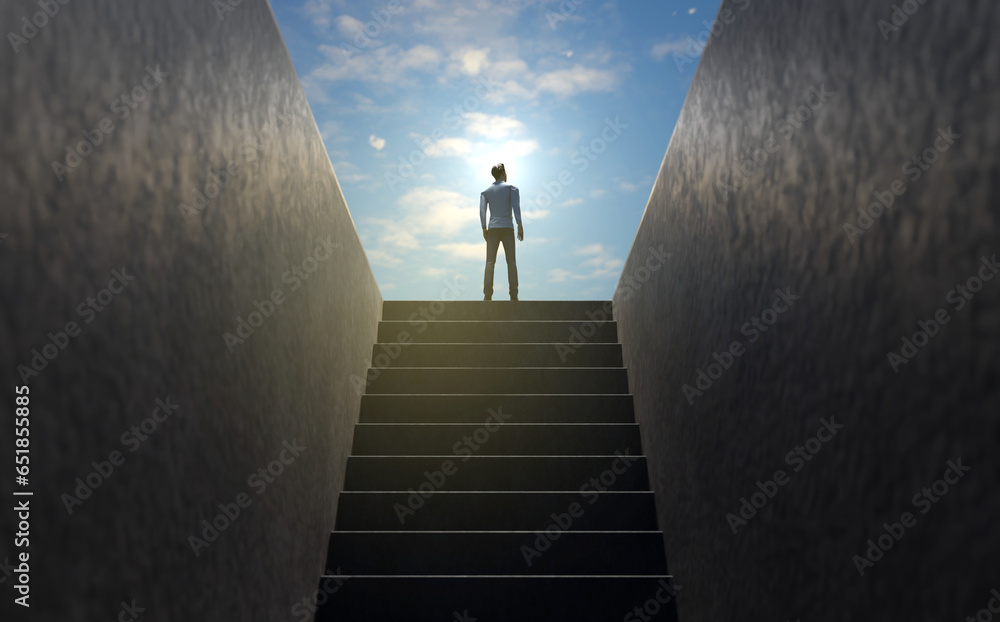 Successful businessman climbing up the stairs to the sky. Ladder of ...