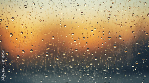 water drops on glass window with gold blurry background , rainy day 