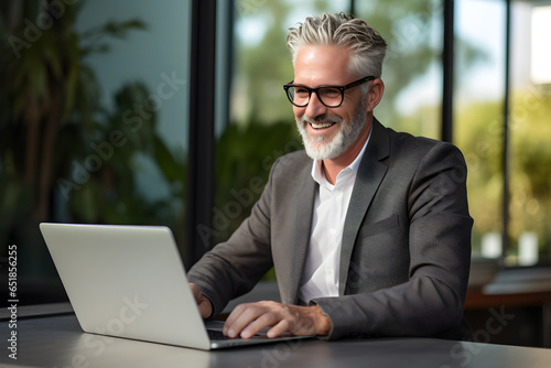 old business man smiling through online meeting with friends