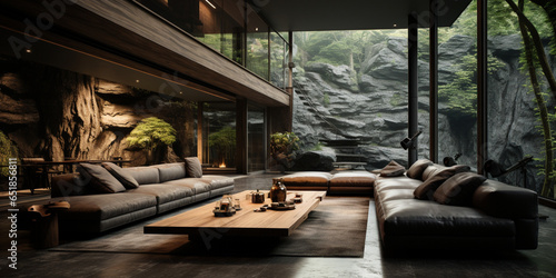 Interior Design  Living room with serene nature view  Beautiful mansion design in the forest