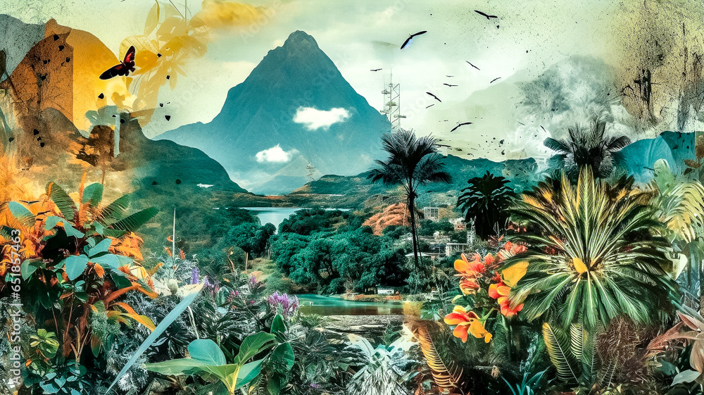 Paysage tropical réalisé en collage - obrazy, fototapety, plakaty 